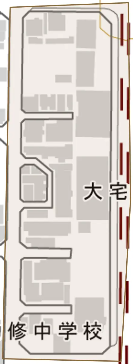 大宅烏田町とその周辺の地図。町の範囲を重ねている