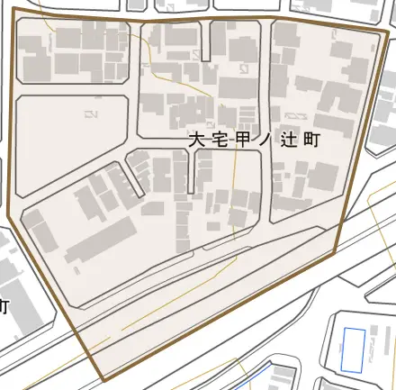 大宅甲ノ辻町とその周辺の地図。町の範囲を重ねている
