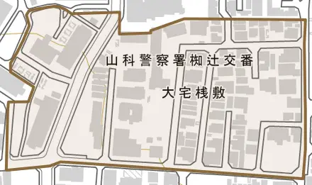 大宅桟敷とその周辺の地図。町の範囲を重ねている