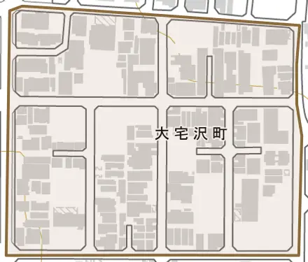大宅沢町とその周辺の地図。町の範囲を重ねている
