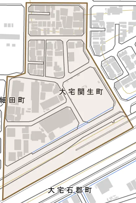 大宅関生町とその周辺の地図。町の範囲を重ねている