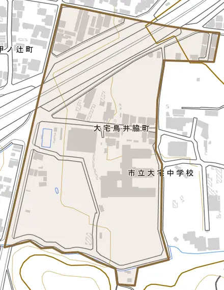 大宅鳥井脇町とその周辺の地図。町の範囲を重ねている