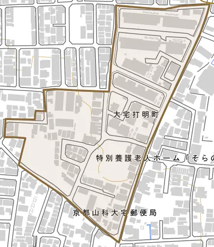 大宅打明町とその周辺の地図。町の範囲を重ねている
