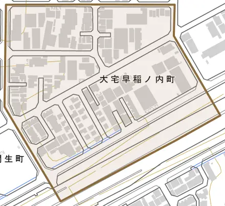大宅早稲ノ内町とその周辺の地図。町の範囲を重ねている