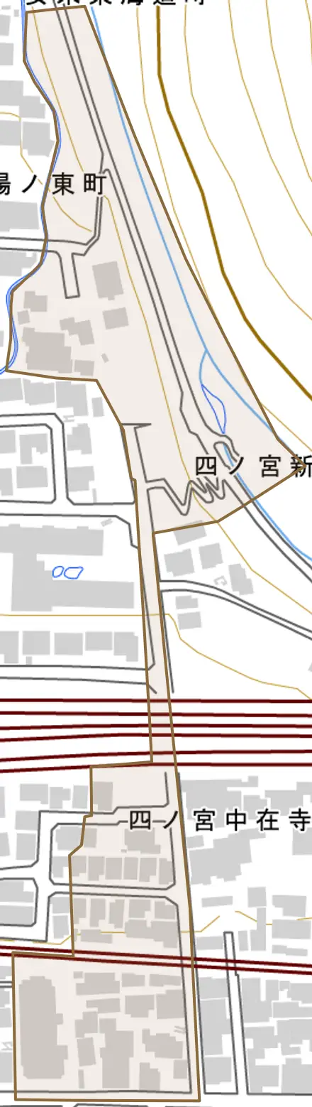 四ノ宮中在寺町とその周辺の地図。町の範囲を重ねている