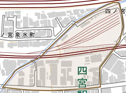四ノ宮堂ノ後町とその周辺の地図。町の範囲を重ねている
