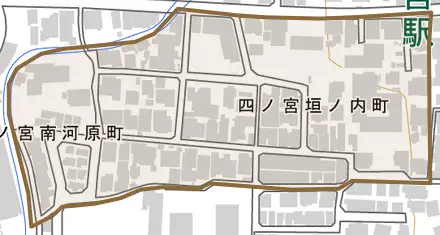 四ノ宮垣ノ内町とその周辺の地図。町の範囲を重ねている