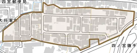 四ノ宮鎌手町とその周辺の地図。町の範囲を重ねている