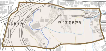 四ノ宮奈良野町とその周辺の地図。町の範囲を重ねている