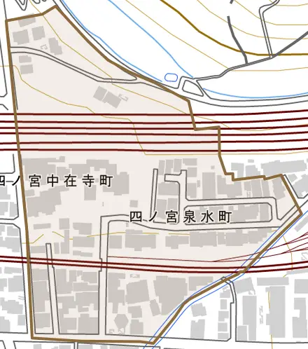 四ノ宮泉水町とその周辺の地図。町の範囲を重ねている