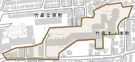 竹鼻木ノ本町とその周辺の地図。町の範囲を重ねている