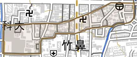 竹鼻西ノ口町とその周辺の地図。町の範囲を重ねている