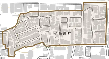 竹鼻扇町とその周辺の地図。町の範囲を重ねている