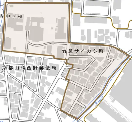 竹鼻サイカシ町とその周辺の地図。町の範囲を重ねている
