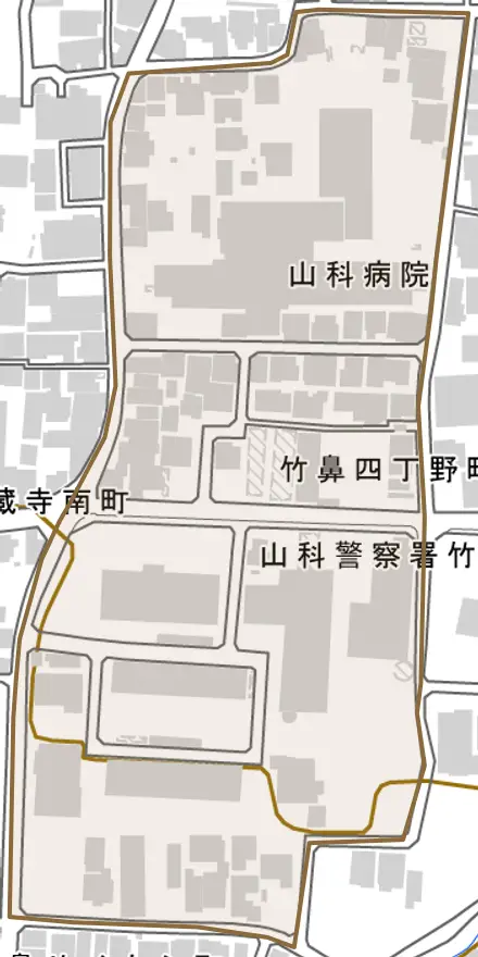 竹鼻四丁野町とその周辺の地図。町の範囲を重ねている