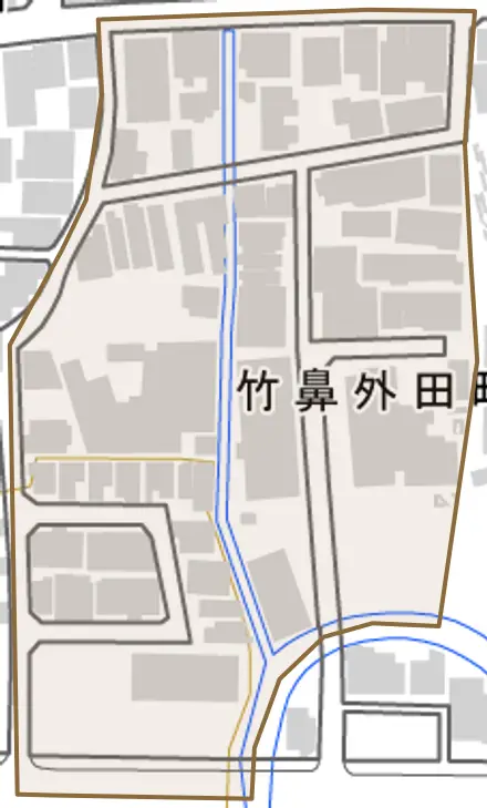 竹鼻外田町とその周辺の地図。町の範囲を重ねている