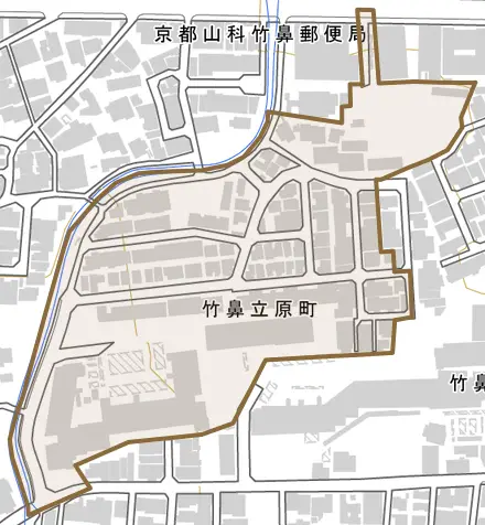 竹鼻立原町とその周辺の地図。町の範囲を重ねている