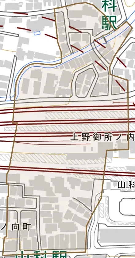 上野御所ノ内町とその周辺の地図。町の範囲を重ねている