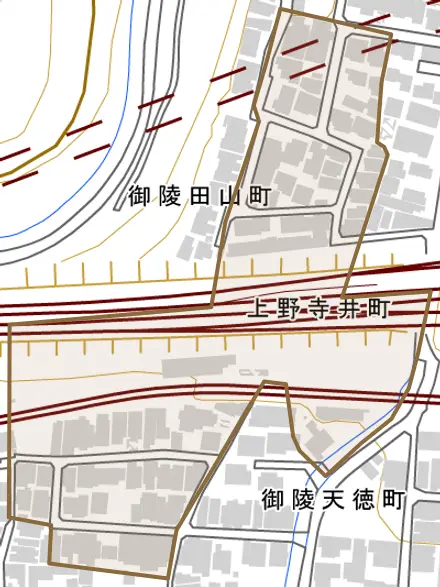 上野寺井町とその周辺の地図。町の範囲を重ねている