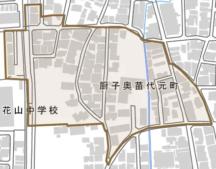 厨子奥苗代元町とその周辺の地図。町の範囲を重ねている