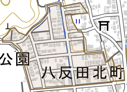 八反田北町とその周辺の地図。町の範囲を重ねている