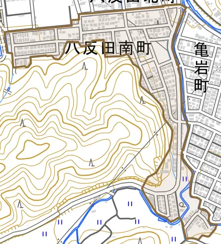 八反田南町とその周辺の地図。町の範囲を重ねている