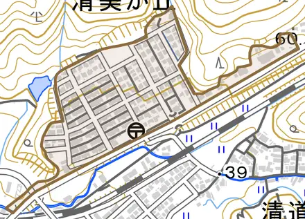 清美が丘とその周辺の地図。町の範囲を重ねている