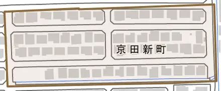 京田新町とその周辺の地図。町の範囲を重ねている