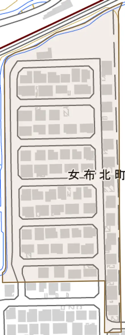 女布北町とその周辺の地図。町の範囲を重ねている