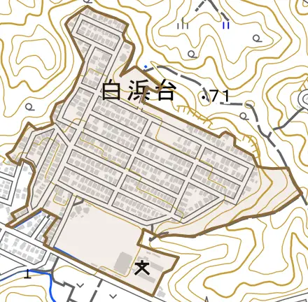 白浜台とその周辺の地図。町の範囲を重ねている