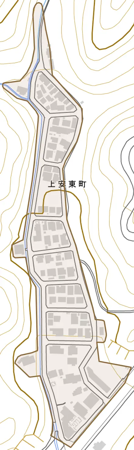 上安東町とその周辺の地図。町の範囲を重ねている