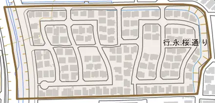 行永桜通りとその周辺の地図。町の範囲を重ねている