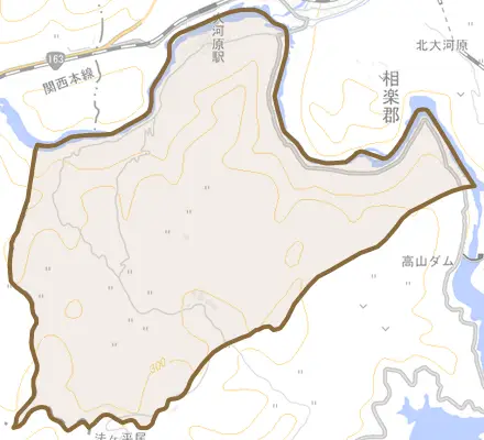 大字南大河原とその周辺の地図。町の範囲を重ねている
