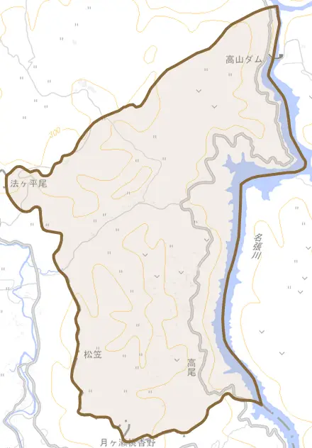 大字高尾とその周辺の地図。町の範囲を重ねている