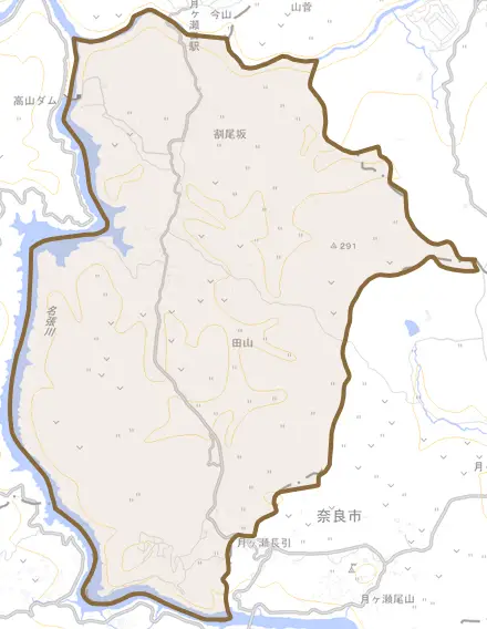 大字田山とその周辺の地図。町の範囲を重ねている