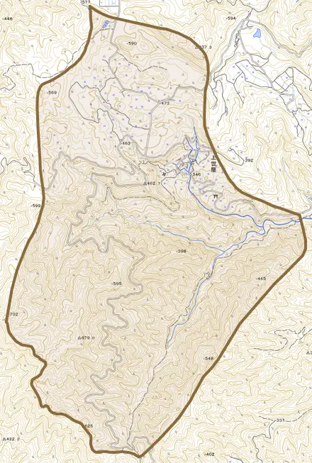 上世屋とその周辺の地図。町の範囲を重ねている