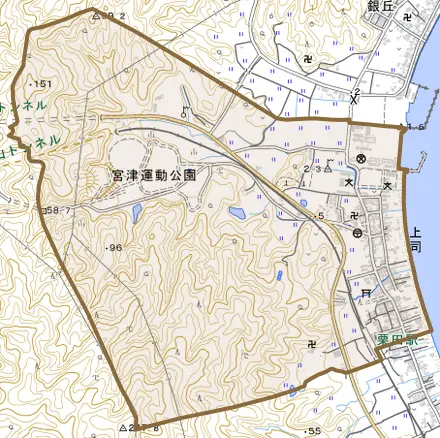 上司とその周辺の地図。町の範囲を重ねている