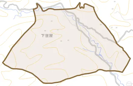 下世屋とその周辺の地図。町の範囲を重ねている