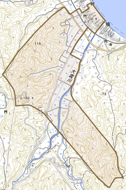 中村とその周辺の地図。町の範囲を重ねている