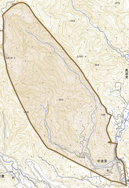 中波見とその周辺の地図。町の範囲を重ねている