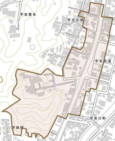 京街道とその周辺の地図。町の範囲を重ねている