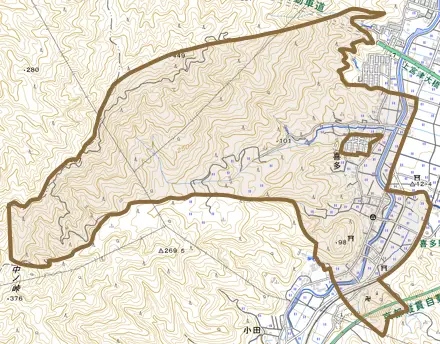 喜多とその周辺の地図。町の範囲を重ねている