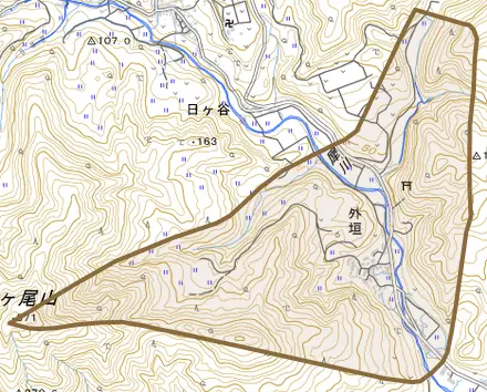 外垣とその周辺の地図。町の範囲を重ねている