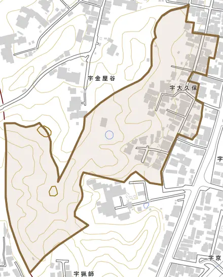 大久保とその周辺の地図。町の範囲を重ねている