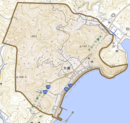 大島とその周辺の地図。町の範囲を重ねている
