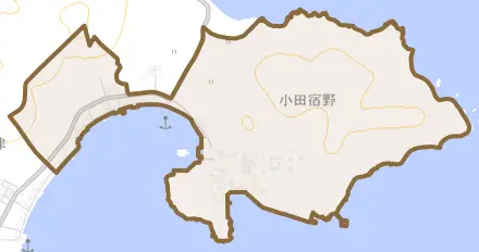 小田宿野とその周辺の地図。町の範囲を重ねている