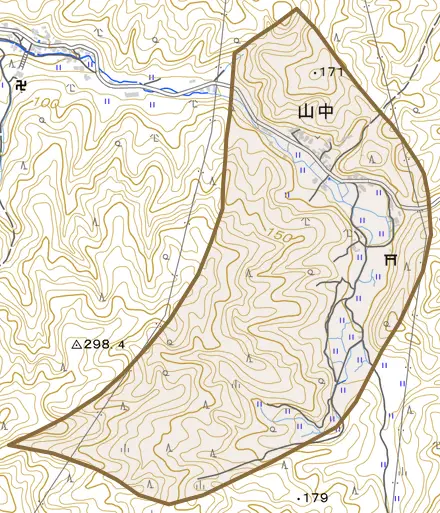 山中とその周辺の地図。町の範囲を重ねている