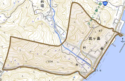 岩ケ鼻とその周辺の地図。町の範囲を重ねている