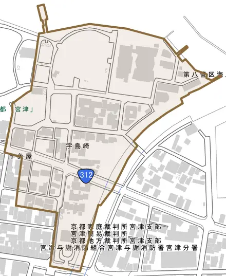 島崎とその周辺の地図。町の範囲を重ねている