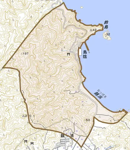 島陰とその周辺の地図。町の範囲を重ねている